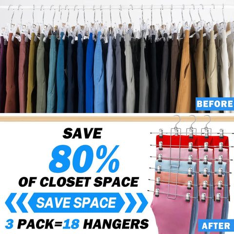Image showing a closet before and after using Three Pack Closet Organizers With Six Tier Pants Hangers With Clips For Space Saving Wardrobe Organization.