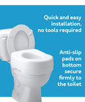 Raised toilet seat on white toilet with text 'quick and easy installation', 'Anti-slip pads secure firmly'. 5.5 Inch Toilet Seat Riser For Seniors And Recovery, Raised Toilet Seat Supports Up To 300 Lbs, Slip-Resistant Universal Fit For Round And Elongated Toilets, Makes Sitting Down And Standing Up Way Easier And Keeps You Independent.