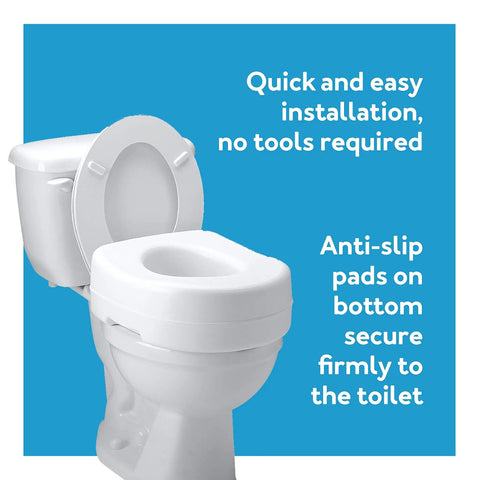 Raised toilet seat on white toilet with text 'quick and easy installation', 'Anti-slip pads secure firmly'. 5.5 Inch Toilet Seat Riser For Seniors And Recovery, Raised Toilet Seat Supports Up To 300 Lbs, Slip-Resistant Universal Fit For Round And Elongated Toilets, Makes Sitting Down And Standing Up Way Easier And Keeps You Independent.