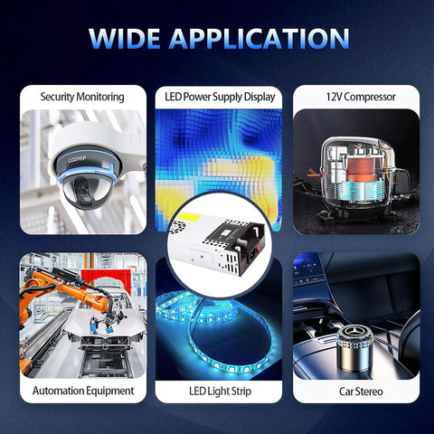 Knob Controlled Adjustable Power Supply 0 To 48V 600W With LED Display uses including security, LED strip, car stereo, and automation.