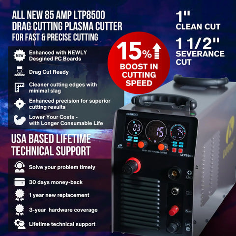 Apex LTP8500 85A HF Pilot Arc Plasma Cutter with front LED controls, 220V input, for 1 inch clean cut and 1.5 inch sever