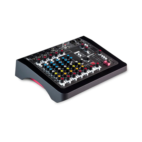 Compact Hybrid Audio Mixer And 4x4 USB Interface With GS Preamps Neutrik IO Desktop Studio Mixer angled view for home recording.