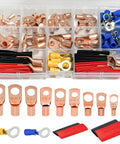 Heavy Duty Copper Wire Lugs And Ring Terminals With Heat Shrink Tubing AWG 2 4 6 8 10 12 Gauge Assortment Kit showing varied sizes and colors for automotive use.