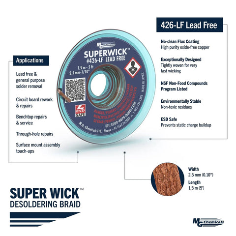 Desoldering Braid Fine No 4 Lead Free Wick For High Temp Solder Removal, 0.10 Inches Wide By 5 Feet Long, RoHS Compliant spool