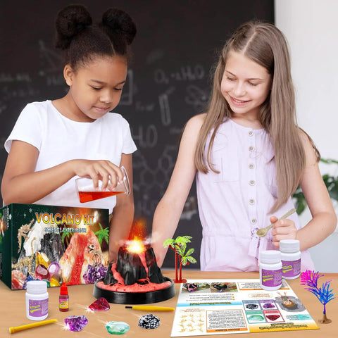 Kids using Erupting Volcano Science Kit For Kids With Gemstone Dinosaur Dig Volcano And Snow Eruption Experiments, Cool Chemistry Lab Toys