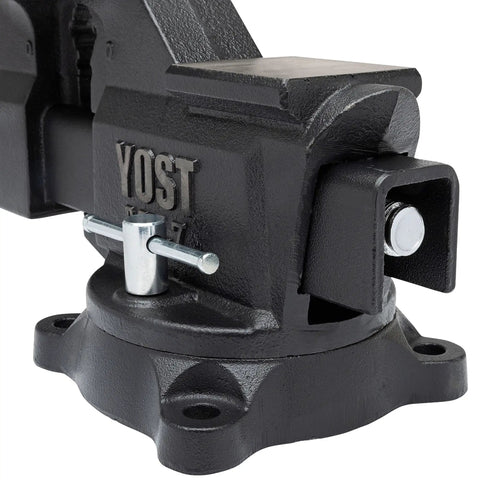 Close-up view of Multipurpose 7 Inch Wide Jaw Bench Vise For Home Workshops And DIY Projects with 360 degree swivel base.