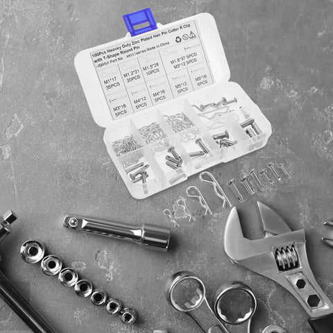 100 Piece Cotter Pin Set With Wear Resistant Carbon Steel Pins Round And High Precision Machined Tough Pro Grade For Trailer Hitch Towing Automotive Accessories Heavy Duty Locking Pins For Mechanical Projects in storage case