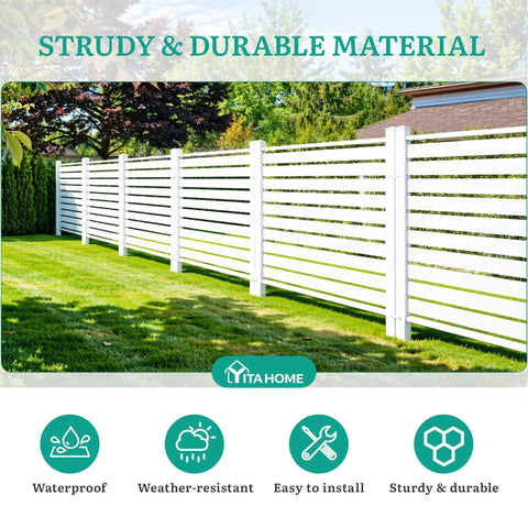 White privacy fence panels in a garden setting showing durability, with icons for waterproof and weather-resistant features.