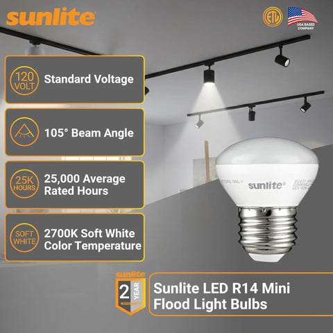 Sunlite LED R14 Mini Flood Light Bulbs 4W Equivalent, 250 Lumen, E26 Medium Base, Dimmable, ETL Listed, 2700K Soft White