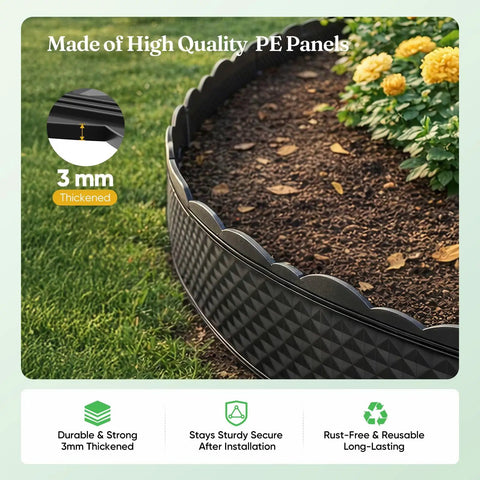 Image showing the No Dig Landscape Edging Kit with flexibly interlocking panels around a flower bed, highlighting durable 3mm PE material.