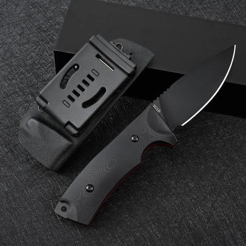 VG10 Steel Fixed Blade Tactical Knife With Ergonomic Micarta Handle And Kydex Sheath on black surface