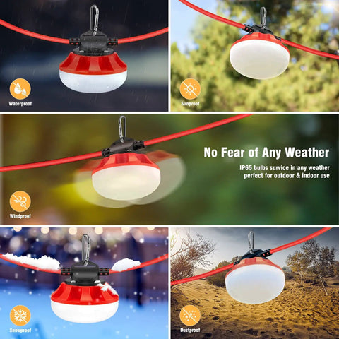 Boss Grade LED Construction String Lights 100W 10000 Lumens 100Ft Length showing various weather conditions