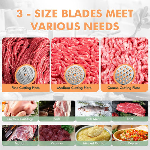 Three stainless steel cutting plates for Heavy Duty Electric Meat Grinder 2800W Sausage Stuffer; fine, medium, coarse for beef, pork.
