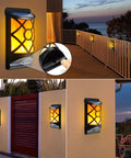 6 Pack Solar Flame Lights Outdoor Realistic 3D Flickering Flames Wall Lanterns on fence and patio at dusk, waterproof