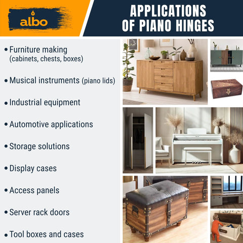Applications of piano hinges including musical instruments, furniture making, display cases, and industrial equipment shown.