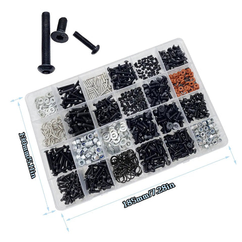 1000 Piece RC Screw Kit With 1000pcs Screws Assortment for Traxxas Axial Redcat in organized plastic grid box.