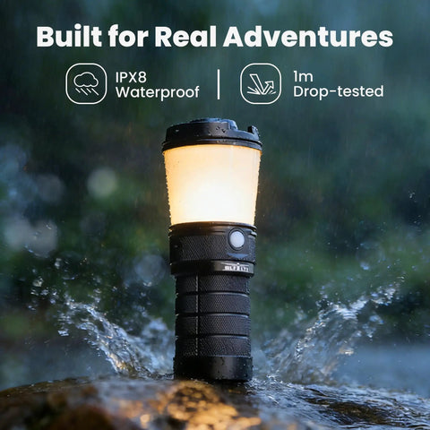 Rechargeable Camping Lantern LT1 With 8 LH351D LEDs in rain showing durability