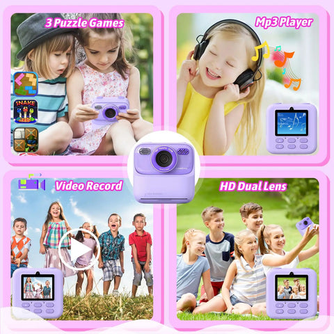 Kids Instant Digital Camera With Dual Lens 1080p HD Selfie Camera Built In Print Paper And 32GB Card Dope Kid Friendly Toy For Ages 3 To 16 Totally Perfect Christmas Birthday Gift, purple kids camera