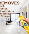 Quick Fix Wood Furniture Polish Spray For Stainless Steel And Hardwood Erases Sticky Fingerprints And Dust With A Zesty Lemon Scent, applied on kitchen countertop.