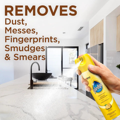 Quick Fix Wood Furniture Polish Spray For Stainless Steel And Hardwood Erases Sticky Fingerprints And Dust With A Zesty Lemon Scent, applied on kitchen countertop.