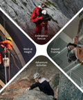 Images depicting emergency rescue, work at height, expand training, and adventure activities related to zip line pulley use.