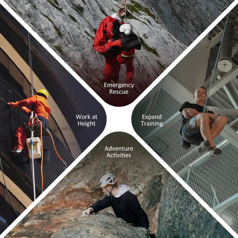 Images depicting emergency rescue, work at height, expand training, and adventure activities related to zip line pulley use.