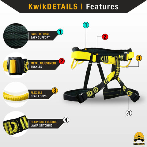 Mandrill Half Body Climbing Harness With Free Tool Lanyard featuring padded back, metal buckles, gear loops, heavy-duty stitching