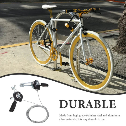 Left And Right Bicycle Thumb Shifter Set Dope Upgrade For 3x7 3x8 21 24 Speed MTB Aluminum Alloy Brake Lever Shifter Replacement For 22mm Handlebars Fits Most Mountain Bikes Two Pairs Included shown with a bike on a street.