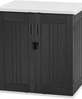 Weatherproof Outdoor Storage Cabinet With Locking Door For Patio Tools And Lawn Gear Waterproof Plastic Shed With 15 Cu Ft Capacity 2 Adjustable Shelves Dark Gray Durable Outdoor Storage Box For Garden Backyard And Deck, front view.