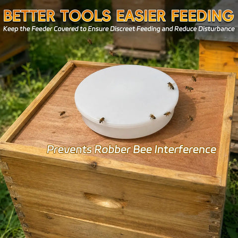 Round Bee Top Feeder For Langstroth Hives Four Pack Food Grade PP Beehive top view with bees feeding on wooden hive