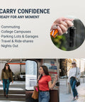 Heavy Duty Orange Peel Pepper Spray With Quick Release Keychain For Solid Reliable Self Defense And Street Smart Everyday Carry Protection Made In America attached to keychain in hand outdoors.