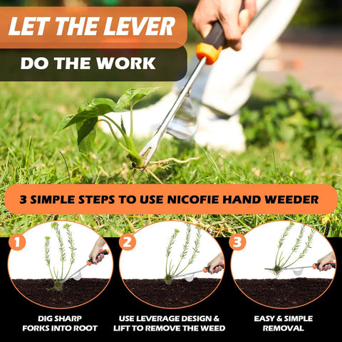 Three-Piece Hand Weeder Tool Set With Rubber Handles, Crack Crevice Weeder, Uprooting V-Shaped Weeder, And Four Teeth Digger For Deep Root Removal In Lawn, Garden, Sidewalk Cracks, Easy Pull Weed Tools For Every Gardener. hand weeder lifting weed from lawn
