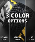 Close-up of bike tires showing 3 color options: silver logo, yellow logo, and no logo for 26 Inch Bike Tire Replacement Kit