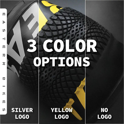 Close-up of bike tires showing 3 color options: silver logo, yellow logo, and no logo for 26 Inch Bike Tire Replacement Kit