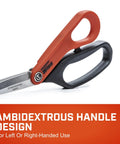 All Purpose Heavy Duty Tradesman Shears Eight And A Half Inch Stainless Steel Utility Scissors with red and black ambidextrous handle
