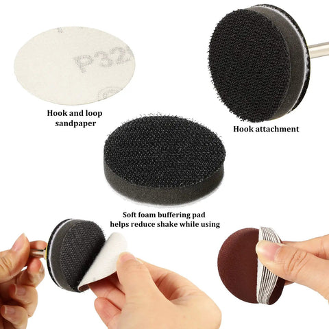 Close-up of 2 inch sanding discs set with hook attachment, hook and loop sandpaper, soft foam buffer for auto body wood metal sanding
