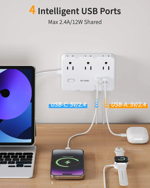 Must Have Two Prong To Three Prong Outlet Adapter Power Strip With Six Outlets And Four USB Ports Two USB C 1050J on wall