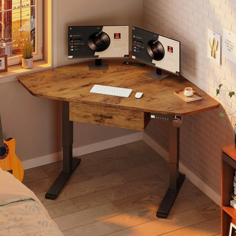 Corner Electric Standing Desk With Drawer 32 Inch Compact Space Saver Sit Stand Desk For Gaming And Home Office, Rustic Brown in a bedroom setup