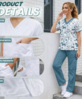 Woman wearing Women's Gray Blue Veterinary Scrub Set With Animal Print For Nurses, showing V-neck and pockets, standing outdoors