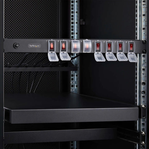 8-Outlet 1U Switched Rack Mount PDU With Individual On Off Outlets 125V 15A NEMA 5-15R 8-Foot Power Cord TAA Compliant Ideal For Server Rooms And Small Data Centers mounted in a server rack
