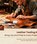 Man using All In One Leather Craft Kit With 155 Piece Tool Set For Beginners Includes Stamping Tools Punches Stitching System