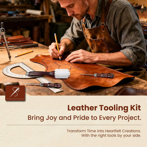 Man using All In One Leather Craft Kit With 155 Piece Tool Set For Beginners Includes Stamping Tools Punches Stitching System