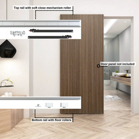 Concealed Wall Mounted Sliding Barn Door Hardware Kit With Soft Close Mechanism, No Floor Track, 42 Inch Size installed view