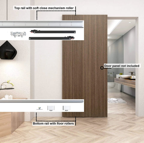 Concealed Wall-Mount Sliding Barn Door Hardware With Soft Close Trackless No Floor Track System For Modern Homes Fits Opening Width 30 To 34 Inches 38-Inch Door showing installation with soft-close mechanism in modern interior without door panel.