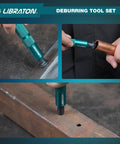 LIBRATON deburring tool with teal handle and 360° swivel; includes 10 HSS blades