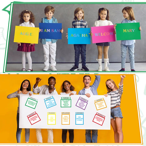 Children holding colorful name boards displaying 36 Sheets Science Fair Poster Boards Kit With 24 Self Adhesive Subtitles.