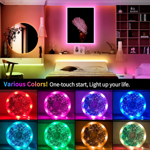 Lit bedroom with 65 Point 6 Foot RGB LED Strip Lights With App And Remote Control Music Sync 5050 RGB LEDs 16 Million Colors Timer DIY Modes