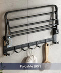 24 Inch Foldable Towel Rack With Movable Hooks And Towel Bar, Space Saving Wall Mount Shelf For Tiny Bathrooms, Rustproof Aluminum, Matte Black Finish