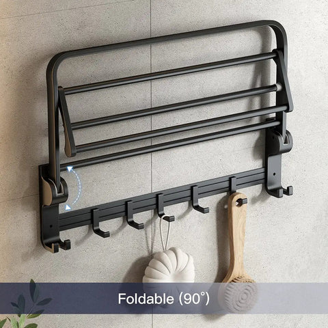 24 Inch Foldable Towel Rack With Movable Hooks And Towel Bar, Space Saving Wall Mount Shelf For Tiny Bathrooms, Rustproof Aluminum, Matte Black Finish