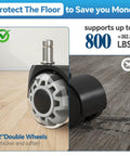 Heavy Duty 2 Inch Office Chair Wheels Set Of 5 Universal Fit Rubber Casters showing 800 lb capacity and dual wheels close-up